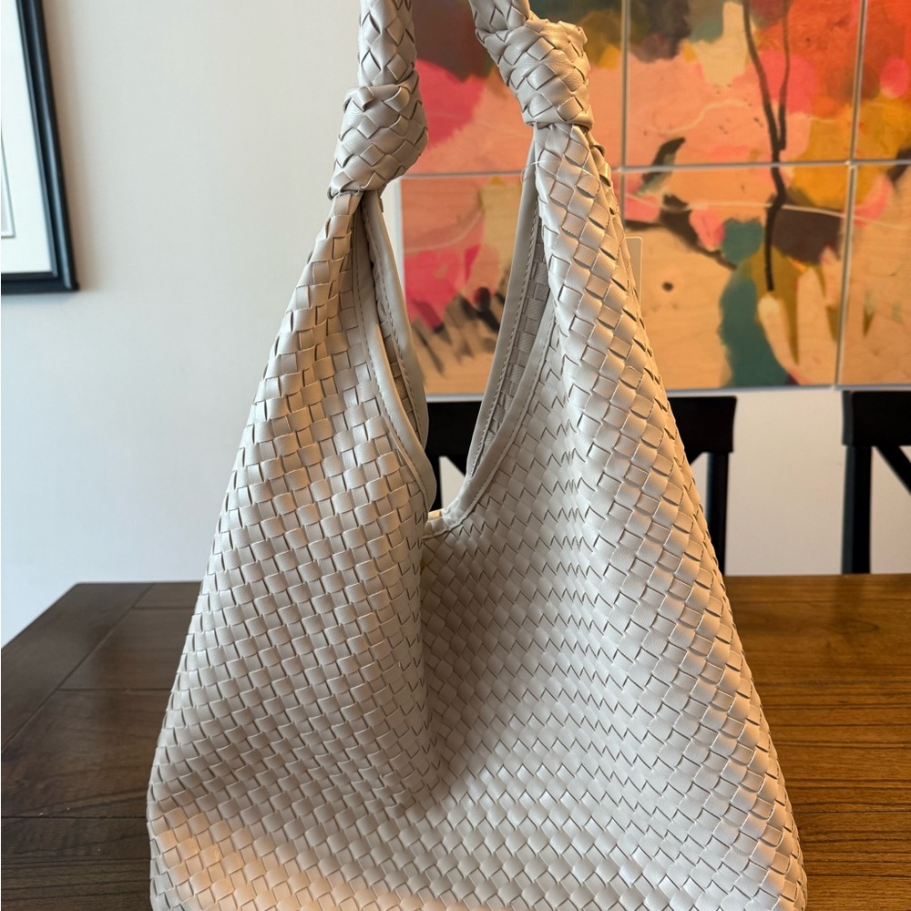Anthropologie Woven Knot-Handle Hobo Bag in Light Beige